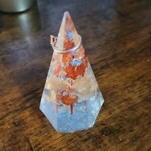 Handcrafted Resin Pyramid with Orange and White Accents
